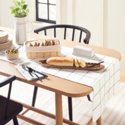 20"x90" Grid Lines Woven Table Runner Cream/Gray - Hearth & Handâ„¢ With Magnolia