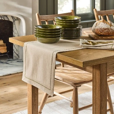 Embroidered Border Standard Runner Natural/Green - Hearth & Hand™ With Magnolia 1 Embroidered Border Standard Runner Natural/Green - Hearth & Hand™ With Magnolia