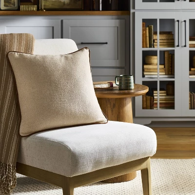 18"x18" Solid Chambray With Faux Leather Trim Square Throw Pillow Beige/Brown - Hearth & Hand™ With Magnolia 1 18"x18" Solid Chambray With Faux Leather Trim Square Throw Pillow Beige/Brown - Hearth & Hand™ With Magnolia