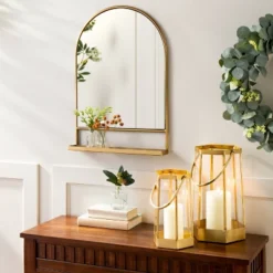 Arched Metal Frame Mirror With Shelf Brass Finish - Hearth & Handâ„¢ With Magnolia